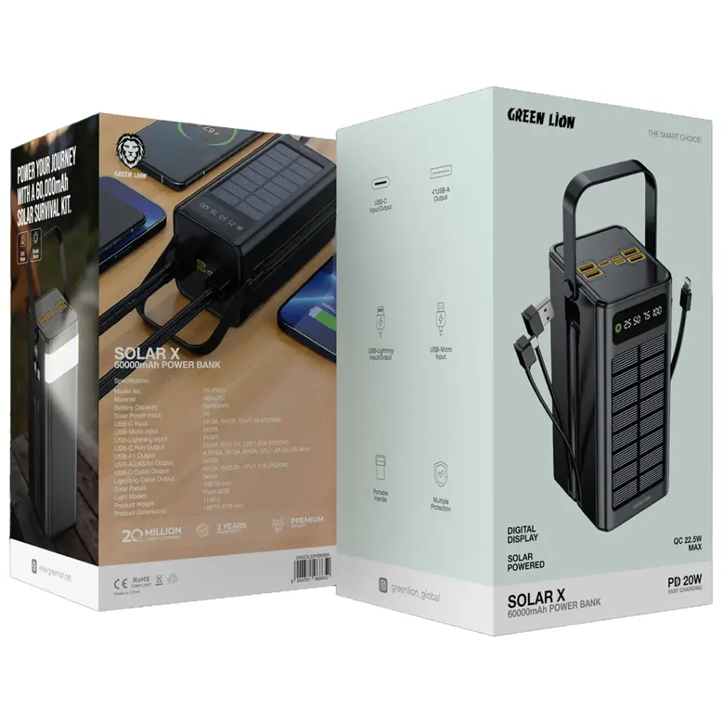 پاور بانک گرین لاین مدل Solar X ظرفیت 60000 میلی آمپر ساعتGreen lion