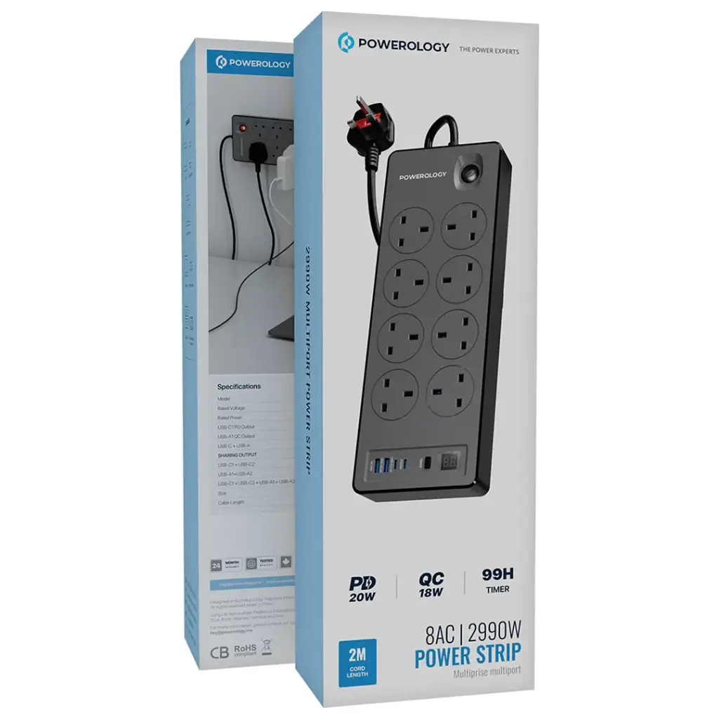 هاب برق 8پورت پاورلوژی Powerology 8AC 2990W Power Strip PD 20W