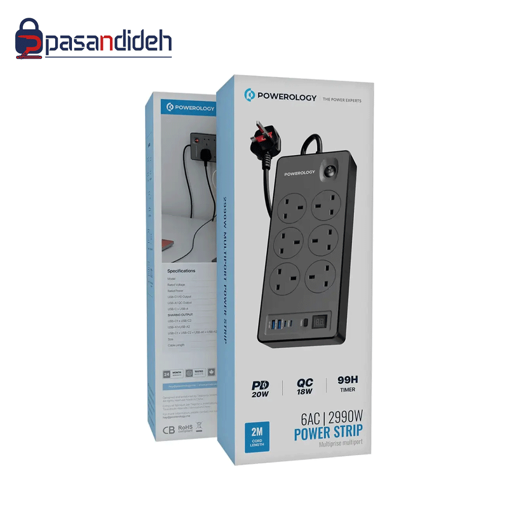 هاب برق 6 پورت U S B -PD پاورولوژی Powerology 6AC/2990w PWCUQC046BK